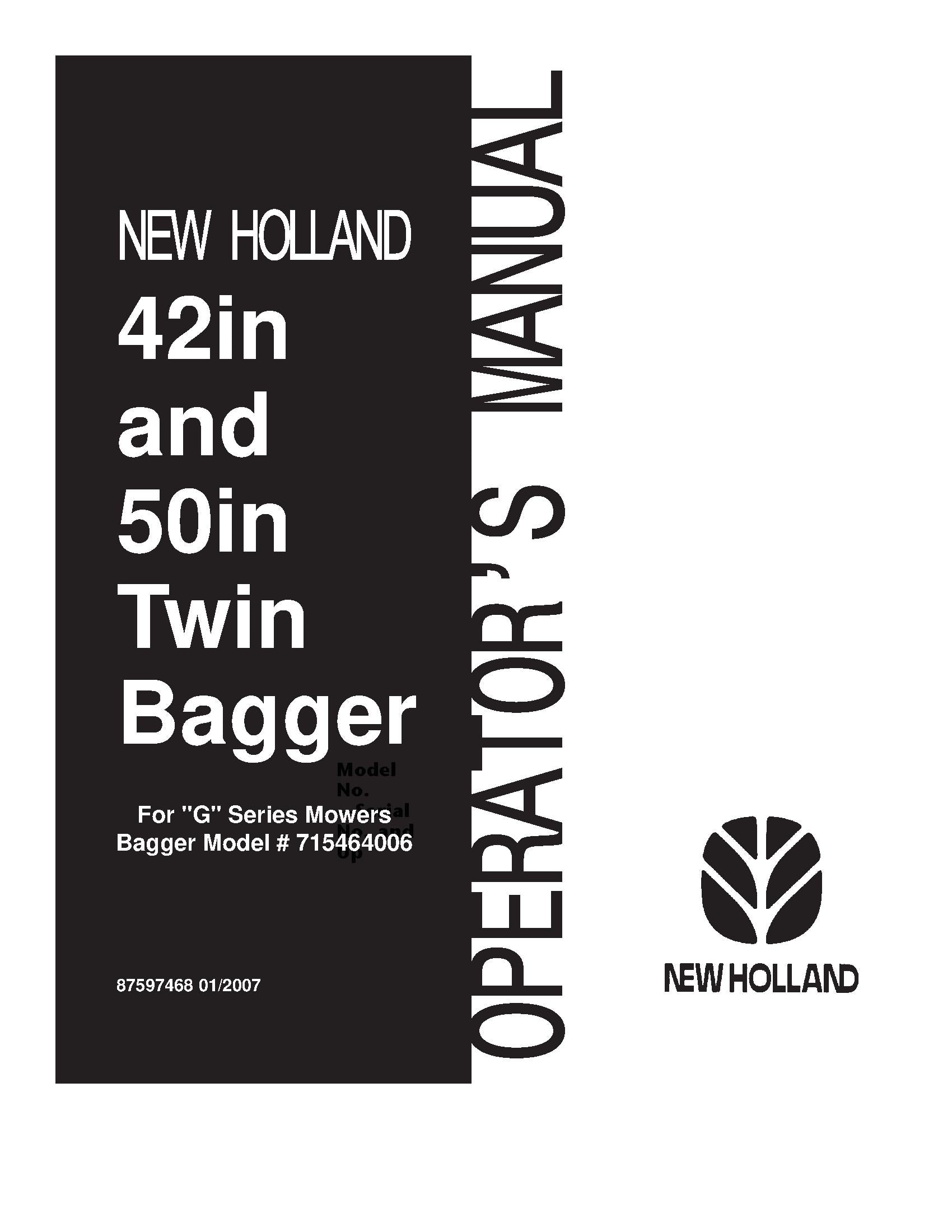 New Holland 42 inch and 50 inch Twin Bagger For G Series Tractors Operator's Manual (87597468)