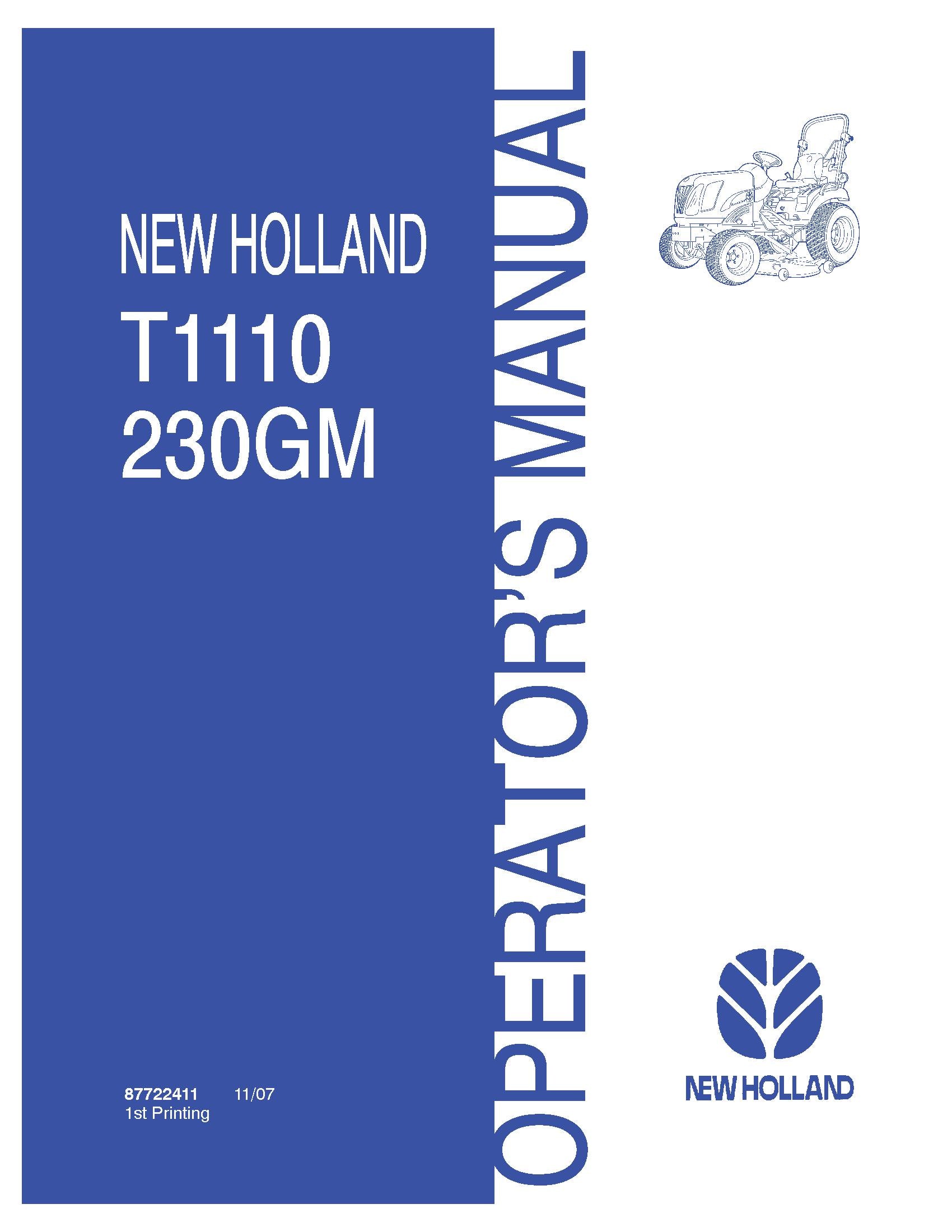 New Holland T1110 tractor and 230GM Mid-Mount Mower Deck Operator's Manual (87722411)