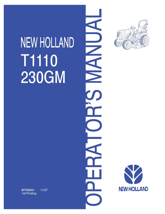New Holland T1110 tractor and 230GM Mid-Mount Mower Deck Operator's Manual (87722411)