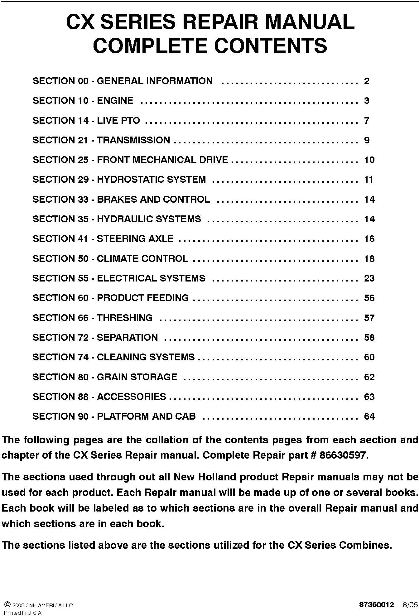 New Holland CX SERIES Service Repair Manual 86630597