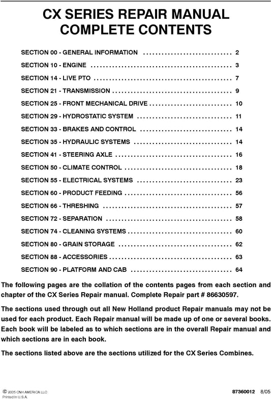 New Holland CX SERIES Service Repair Manual 86630597