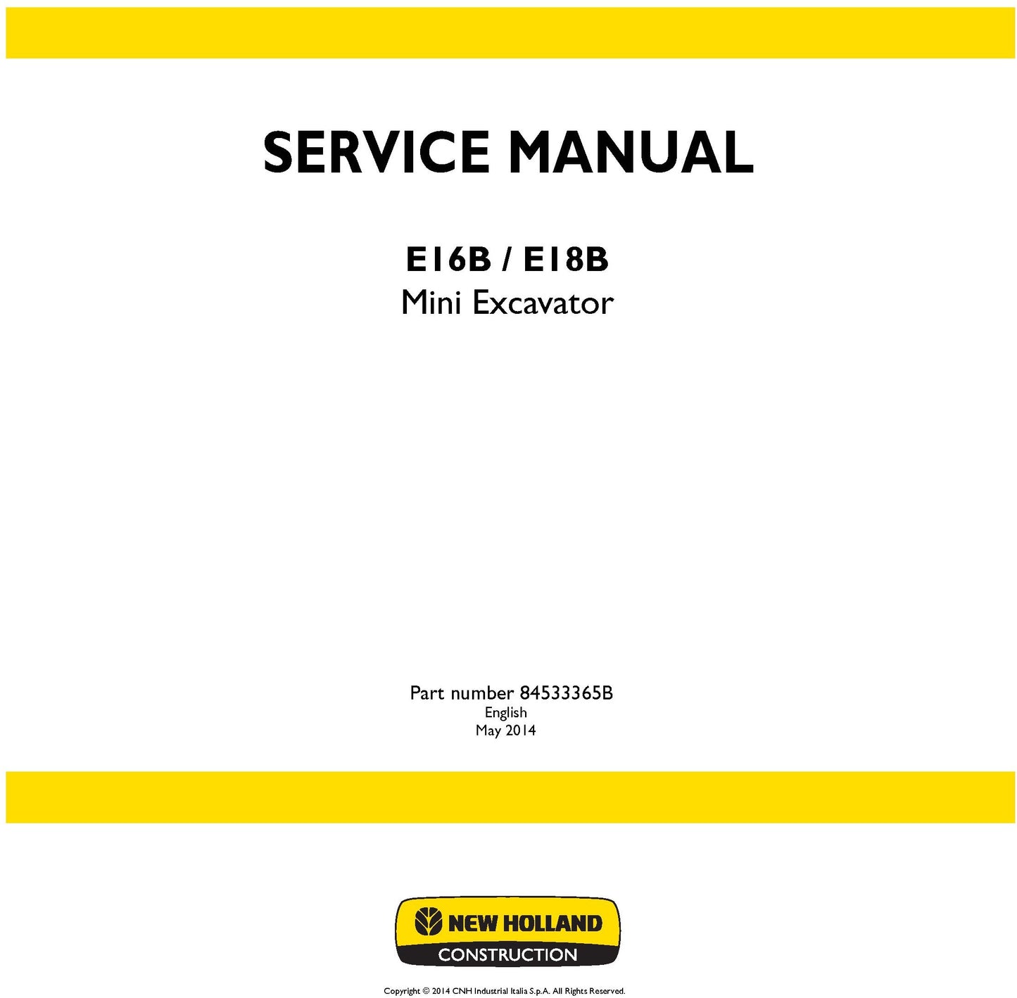 New Holland E16B E18B Mini Excavator Service Repair Manual 84533365B