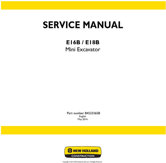 New Holland E16B E18B Mini Excavator Service Repair Manual 84533365B