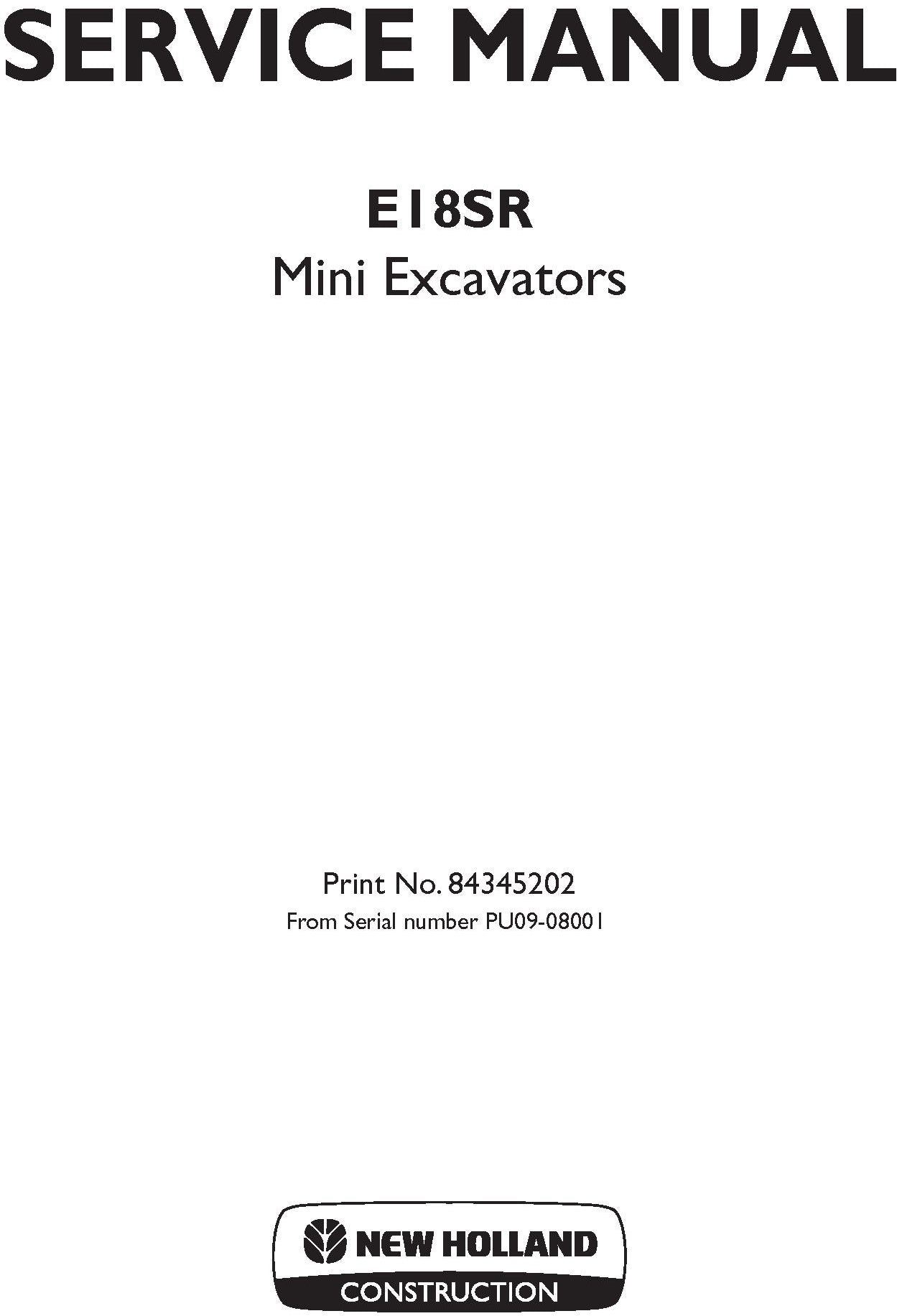New Holland E18SR Service Manual Mini Excavators 84345202