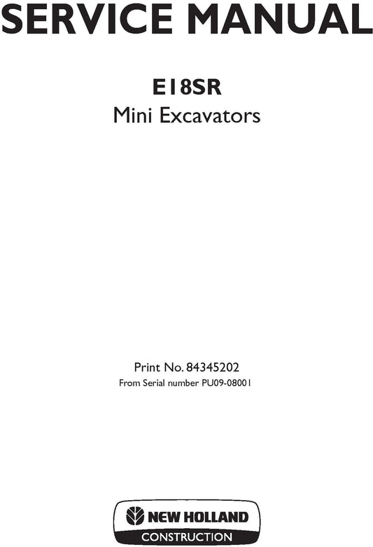 New Holland E18SR Service Manual Mini Excavators 84345202