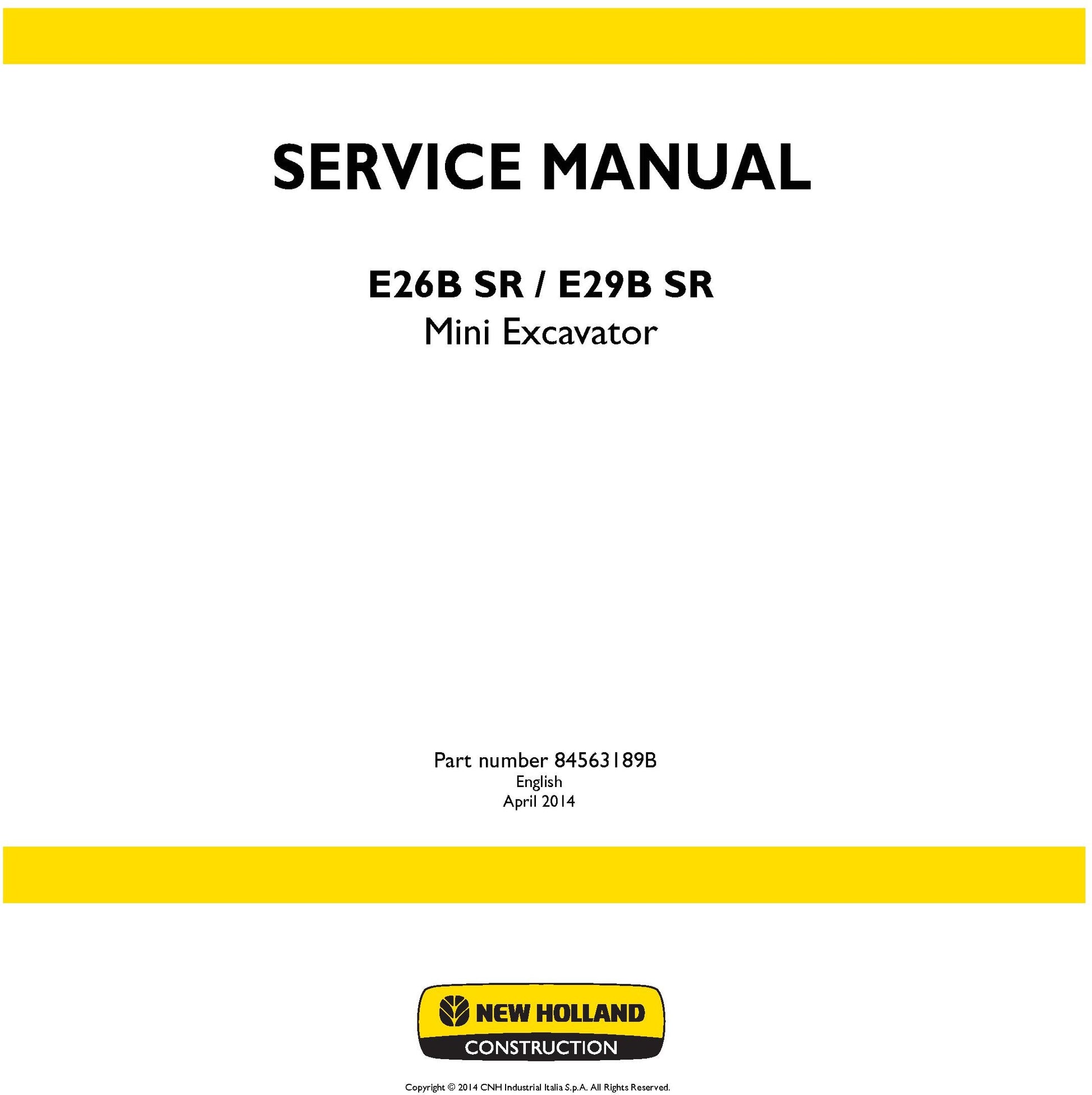 New Holland E26B SR E29B SR Mini Excavator Service Repair Manual 84563189B