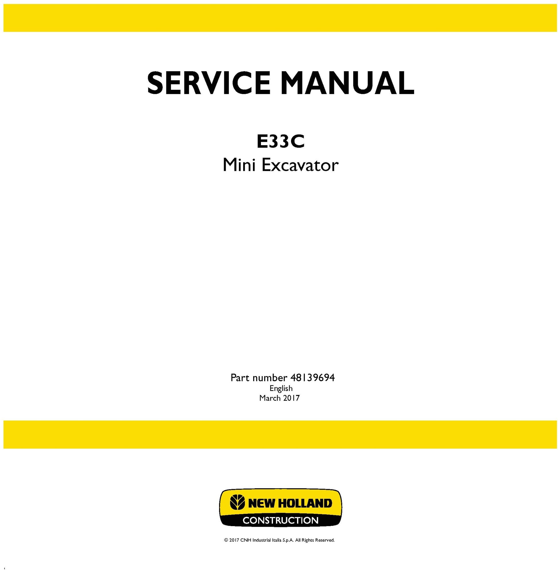 New Holland E33C Mini Excavator Service Repair Manual 48139694