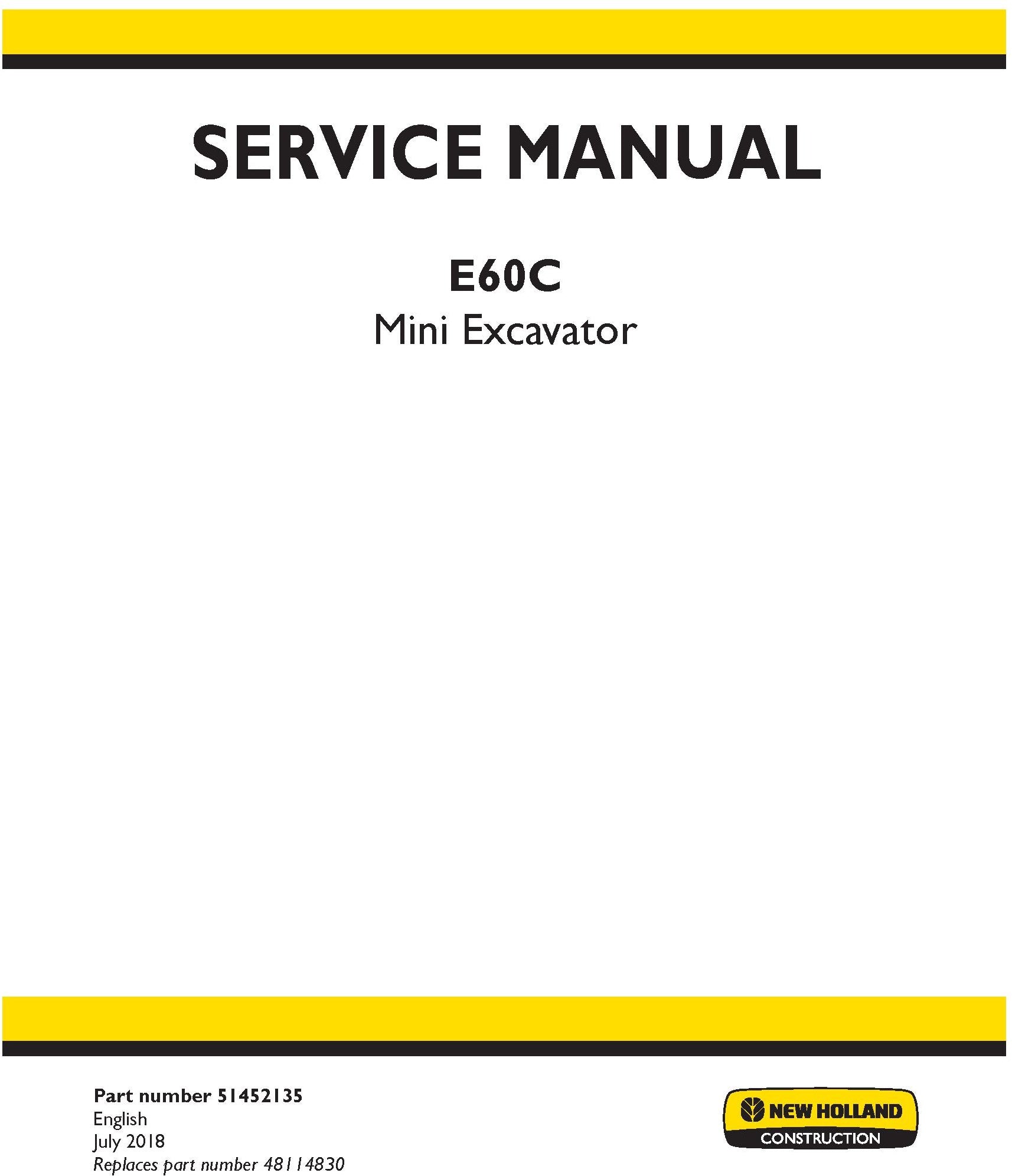 New Holland E60C Mini Excavator Service Repair Manual 51452135