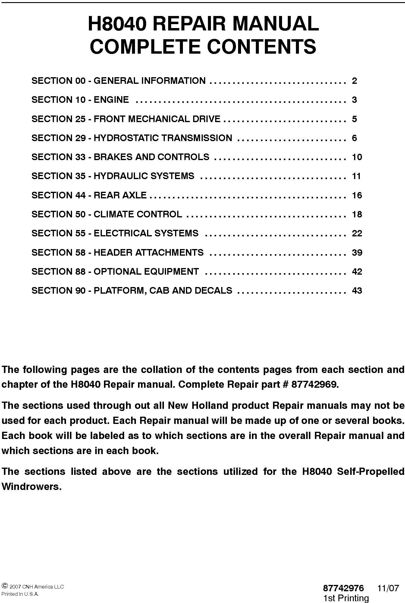 New Holland H8040 Service Repair Manual 87742969