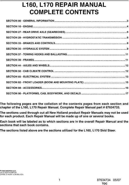 New Holland L 160, L 170 Service Repair Manual 87634733NA