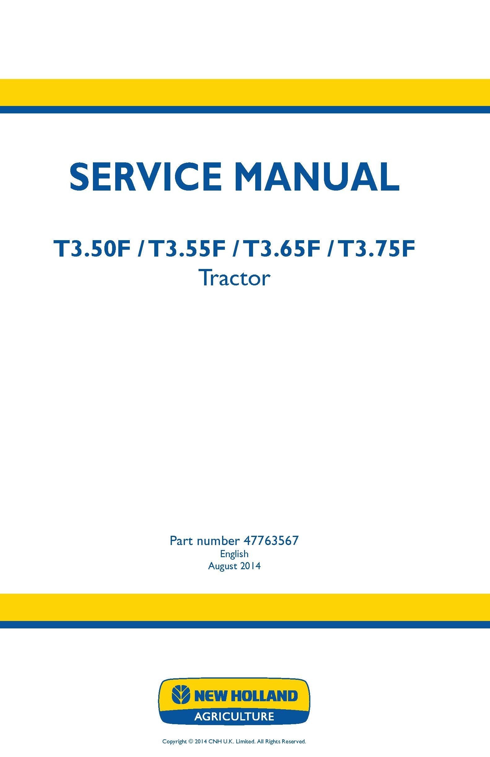 New Holland T3.50F T3.55F T3.65F T3.75F Tractor Service Manual (47763567)