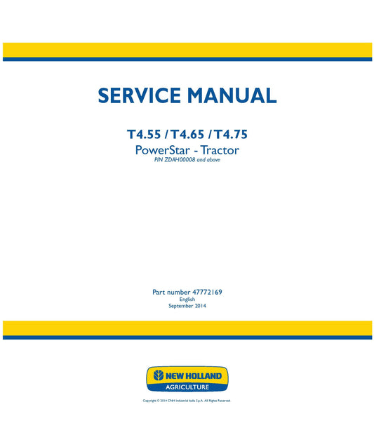 New Holland T4.55 T4.65 T4.75 Tractor Service Repair Manual (47772169)