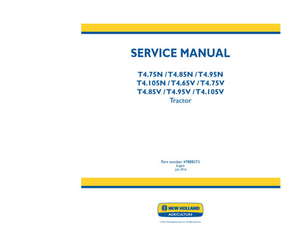 New Holland T4.75N T4.85N T4.95N T4.105N T4.65V T4.75V T4.85V T4.95V T4.105V Tractor Service Manual (47888373)