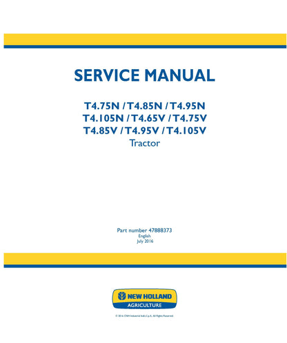 New Holland T4.75N T4.85N T4.95N T4.105N T4.65V T4.75V T4.85V T4.95V T4.105V Tractor Service Manual (47888373)