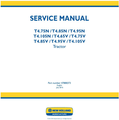 New Holland T4.75N T4.85N T4.95N T4.105N T4.65V T4.75V T4.85V T4.95V T4.105V Tractor Service Manual (47888373)