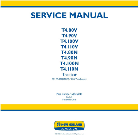 New Holland T4.80V T4.90V T4.100V T4.110V T4.80N T4.90N T4.100N T4.110N Tractor Service Repair Manual 51526007