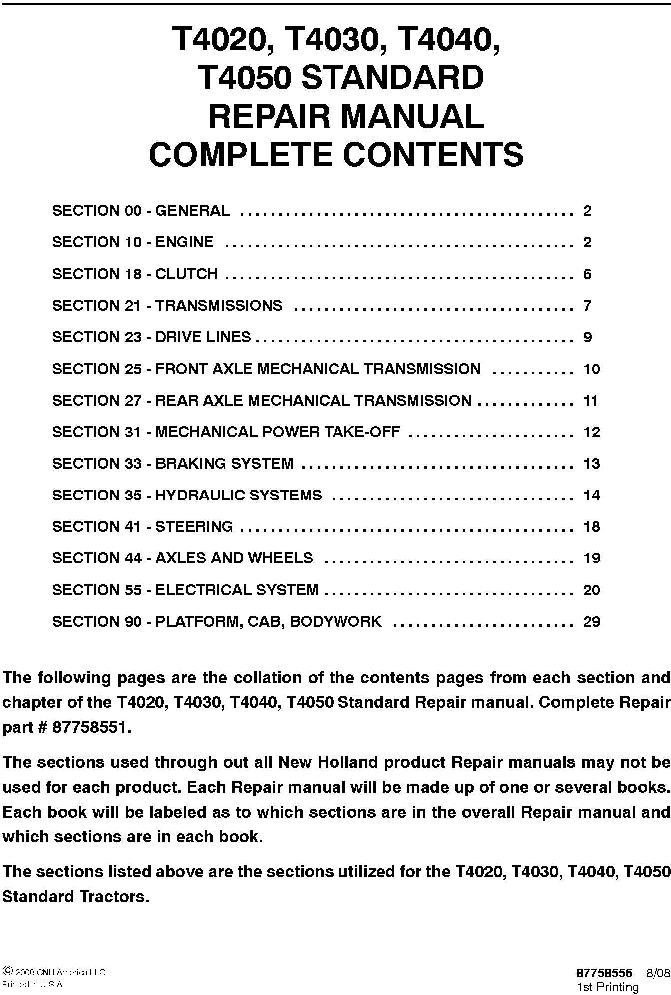 New Holland T4020, T4030, T4040, T4050 STANDARD Service Repair Manual 87758551
