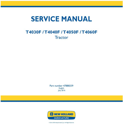 New Holland T4030F T4040F T4050F T4060F Tractor Service Manual (47888339)