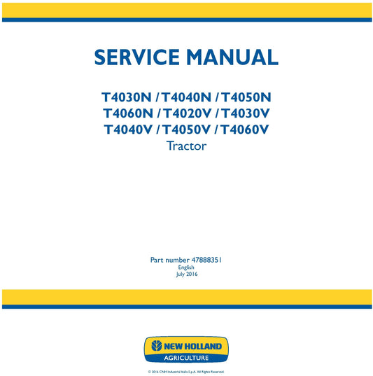 New Holland T4030N T4040N T4050N T4060N T4020V T4030V T4040V T4050V T4060V Tractor Service Manual (47888351)