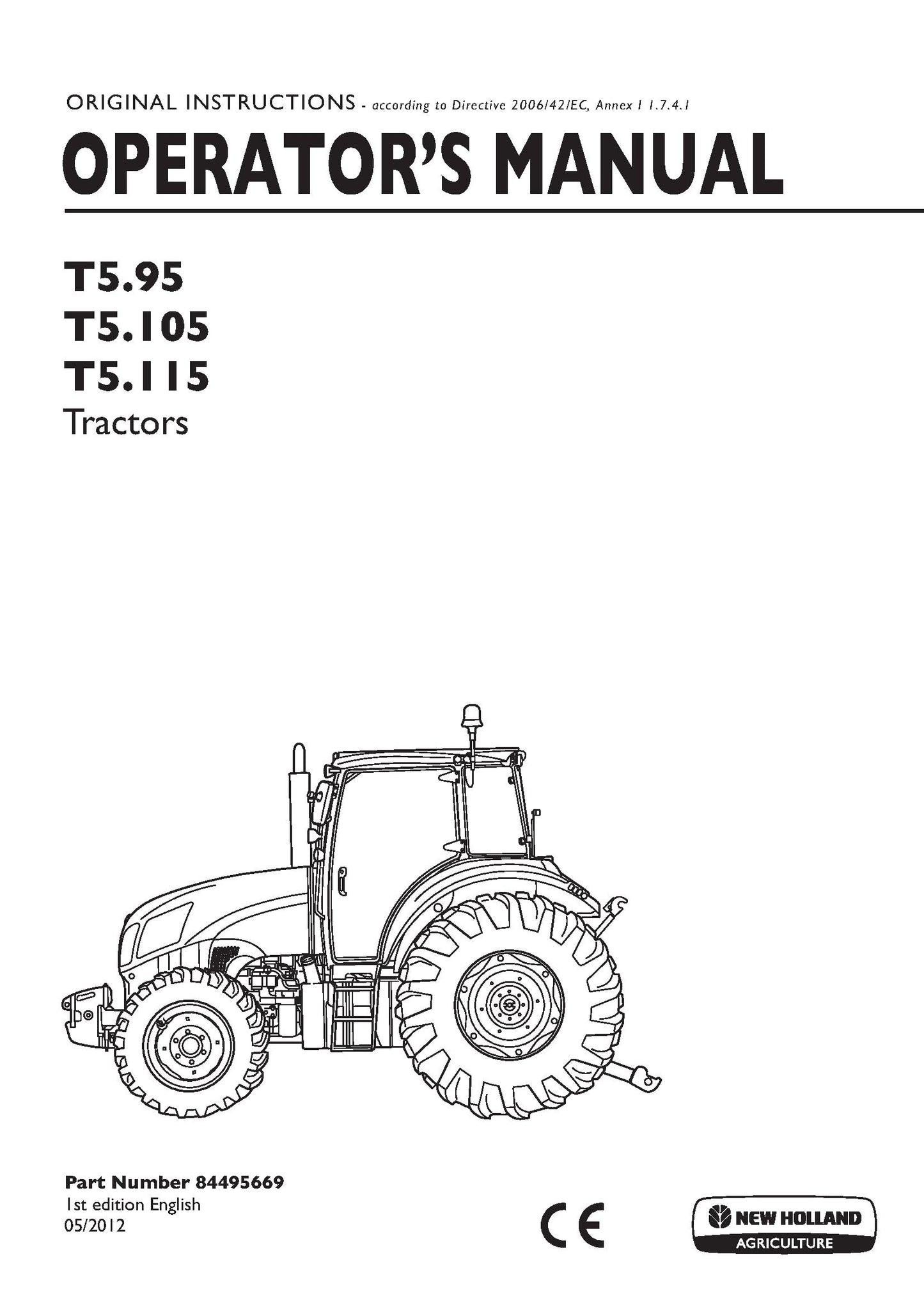 New Holland T5.105,T5.115,T5.95 Tractors Operator Manual (84495669)