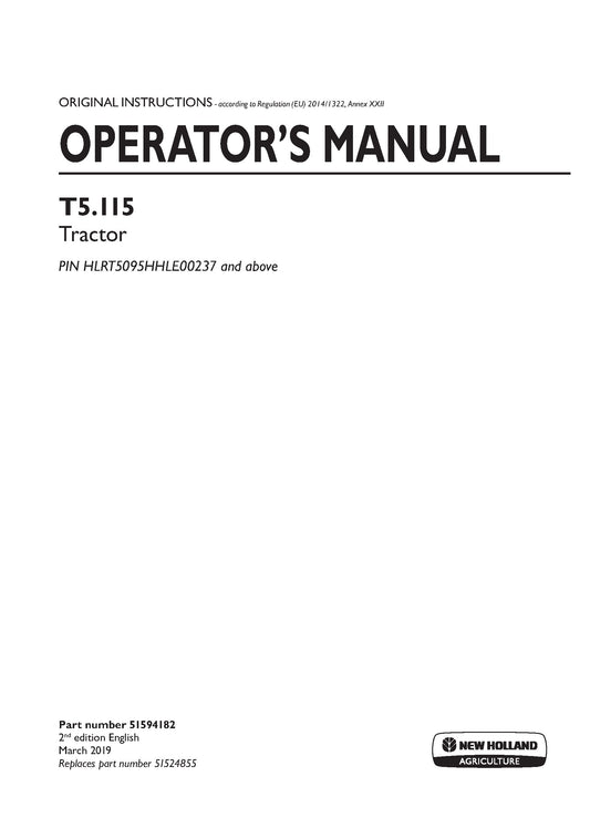 New Holland T5.115 Stage III B Tractor Operator Manual (51594182)