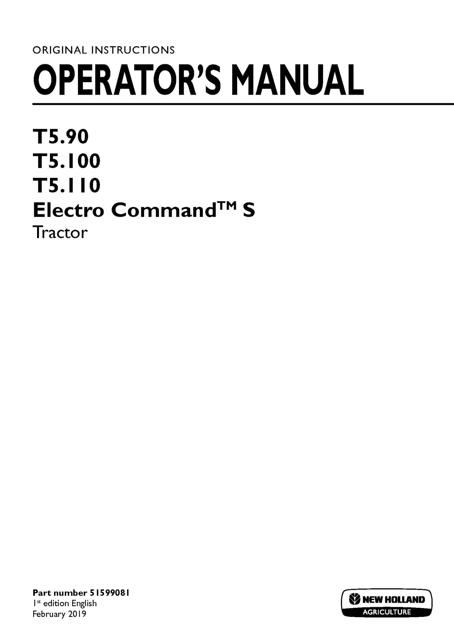 New Holland T5.90, T5.100, T5.110 Electro Command S Tractor Operator Manual (51599081)