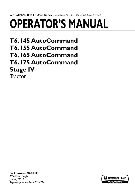 New Holland T6.145 AutoCommand, T6.155 AutoCommand, T6.165 AutoCommand, T6.175 AutoCommand Stage IV Tractor Operator Manual (48057417)