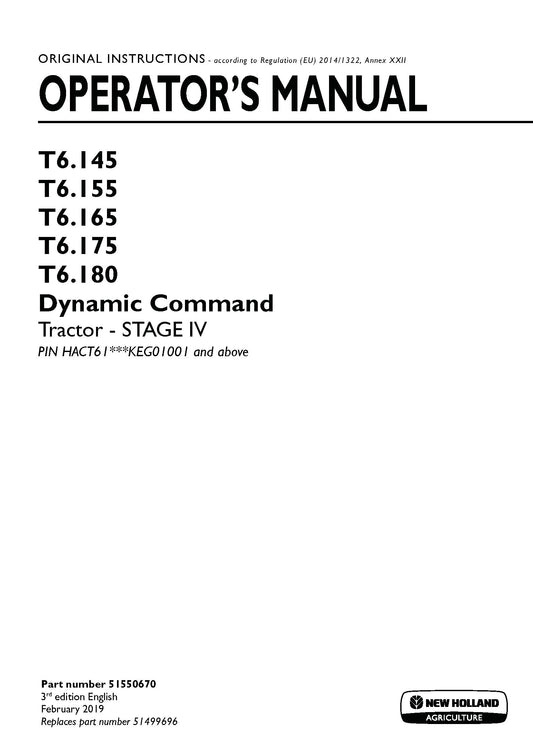New Holland T6.145, T6.155, T6.165, T6.175, T6.180 Dynamic Command - Stage IV - Tractor Operator Manual (51550670)