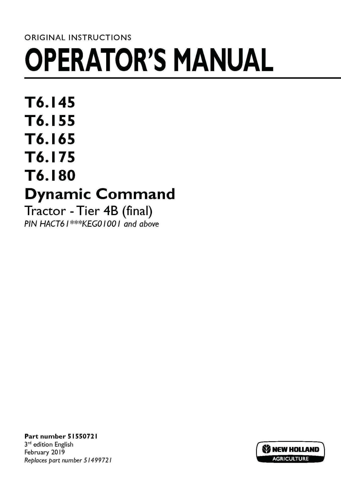 New Holland T6.145, T6.155, T6.165, T6.175, T6.180 Dynamic Command Tractor - Tier 4B Operator Manual (51550721)