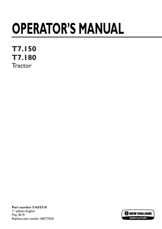 New Holland T7.150, T7.180 Tractor Operator Manual (51635318)