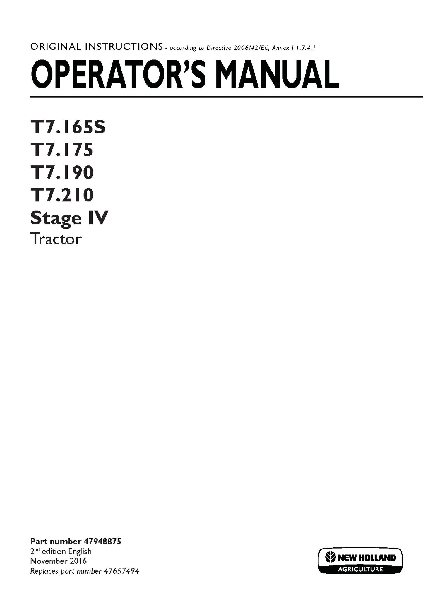 New Holland T7.165S, T7.175, T7.190, T7.210 Stage IV Tractor Operator Manual (47948875)