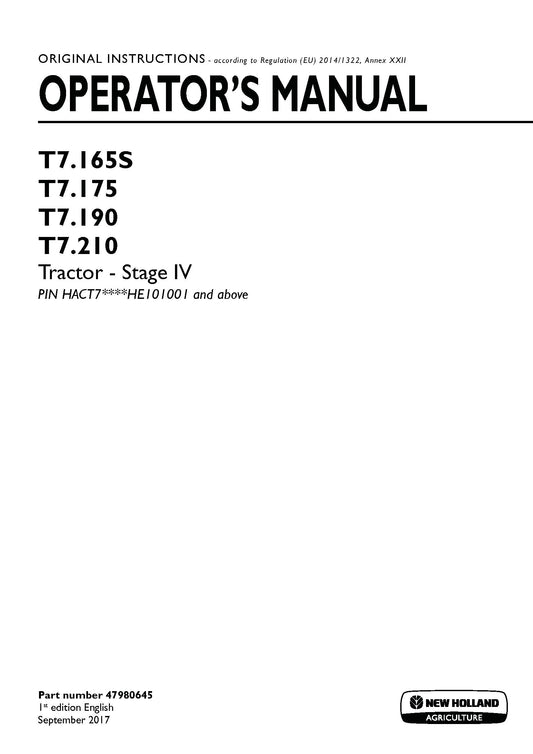 New Holland T7.165S, T7.175, T7.190, T7.210 Stage IV Tractor Operator Manual (47980645)
