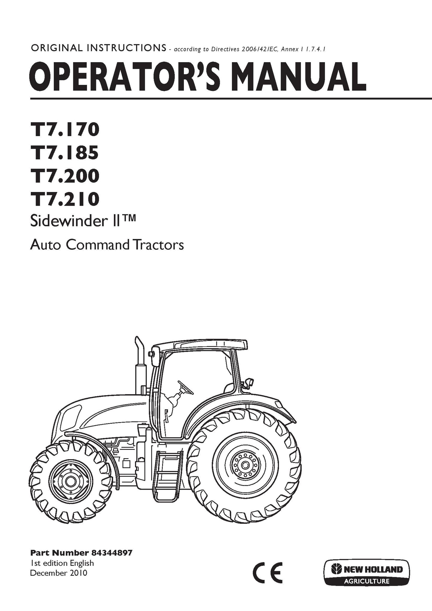 New Holland T7.170 T7.185 T7.200 T7.210 Auto Command, Tractors Agricultural,E Operator Manual (84344897)