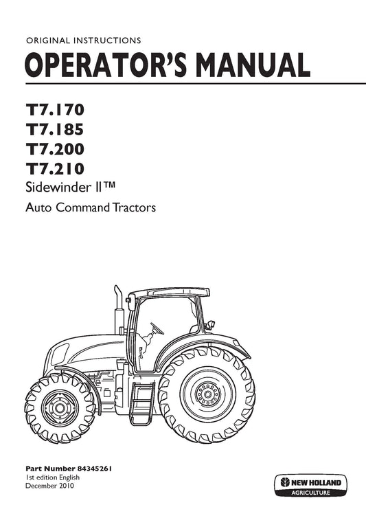 New Holland T7.170, T7.185, T7.200, T7.210 Auto Command, Tractors Agricultural,E Operator Manual (84345261)