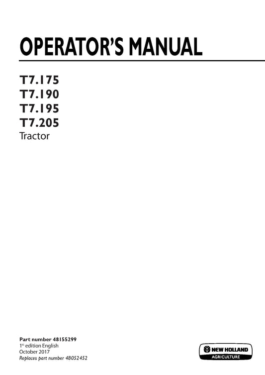 New Holland T7.175, T7.190, T7.195, T7.205 Tractor Operator Manual (48155299)
