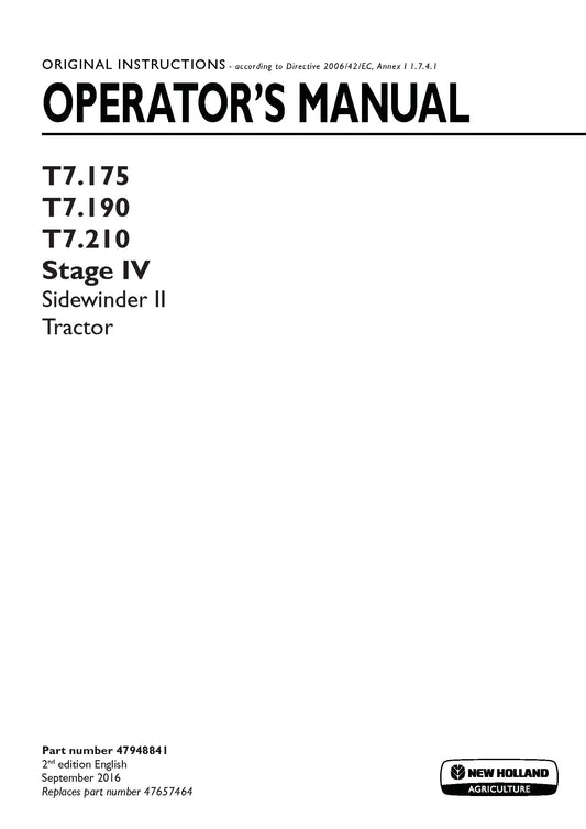 New Holland T7.175, T7.190, T7.210 Stage IV - Sidewinder II Tractor Operator Manual (47948841)