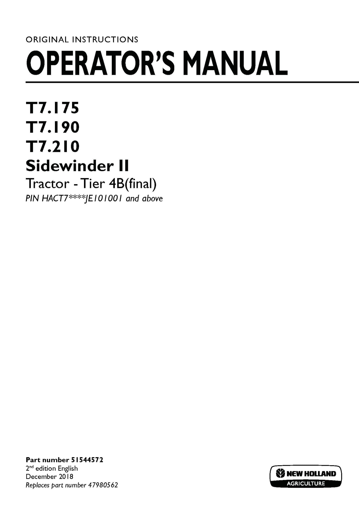 New Holland T7.175, T7.190, T7.210 Tier 4B - Sidewinder II Tractor Operator Manual (51544572)
