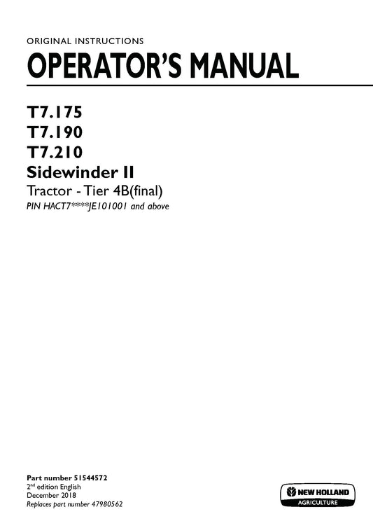 New Holland T7.175, T7.190, T7.210 Tier 4B - Sidewinder II Tractor Operator Manual (51544572)
