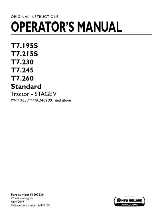 New Holland T7.195S, T7.215S, T7.230, T7.245, T7.260 Standard Stage V Tractor Operator Manual (51607636)