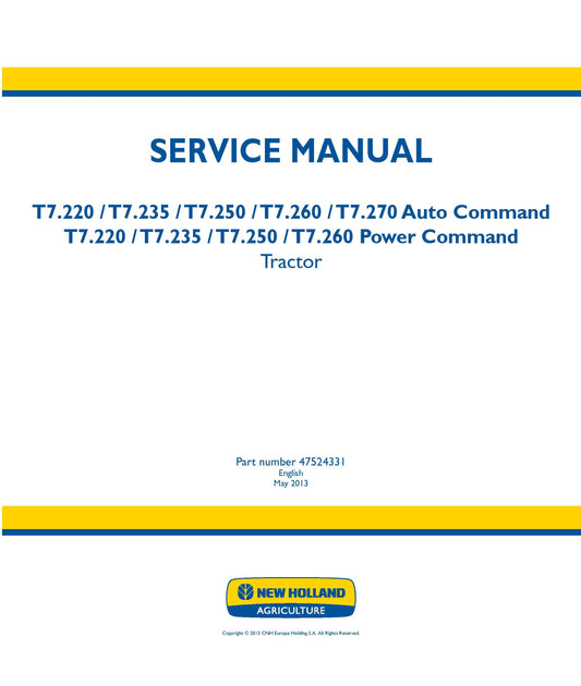New Holland T7.22 T7.235 T7.25 T7.26 T7.26 Tractor Service Repair Manual (47524331)
