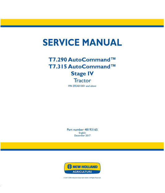 New Holland T7.290 T7.315 AutoCommand S4 Tractor Service Repair Manual (48193165)