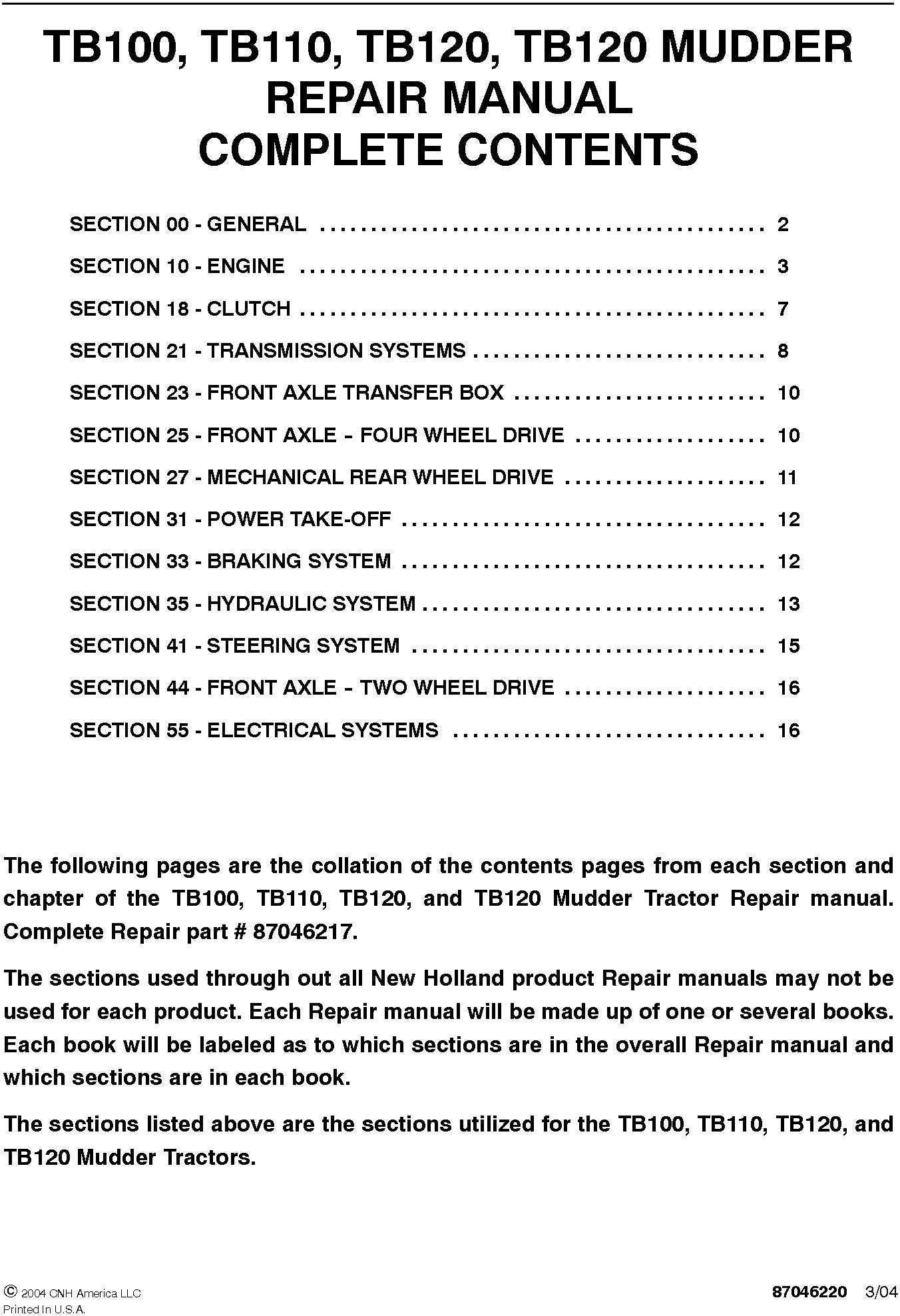 New Holland TB100, TB110, TB120, TB120 MUDDER Service Repair Manual 87046217