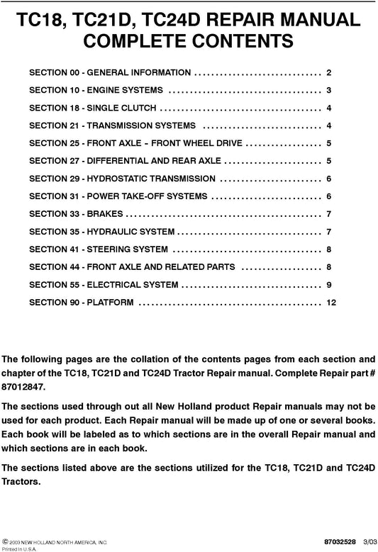 New Holland TC18, TC21D, TC24D Service Repair Manual 87012847