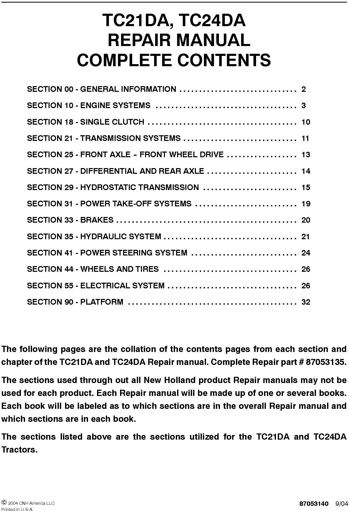 New Holland TC21DA, TC24DA Service Repair Manual 87053135