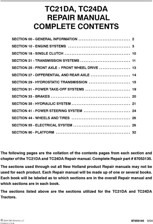 New Holland TC21DA, TC24DA Service Repair Manual 87053135