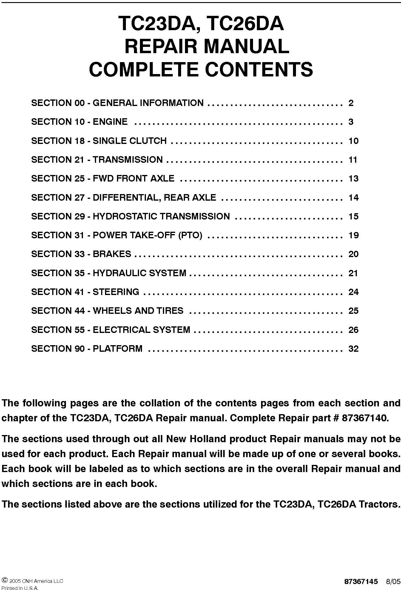 New Holland TC23DA, TC26DA Service Repair Manual 87367140