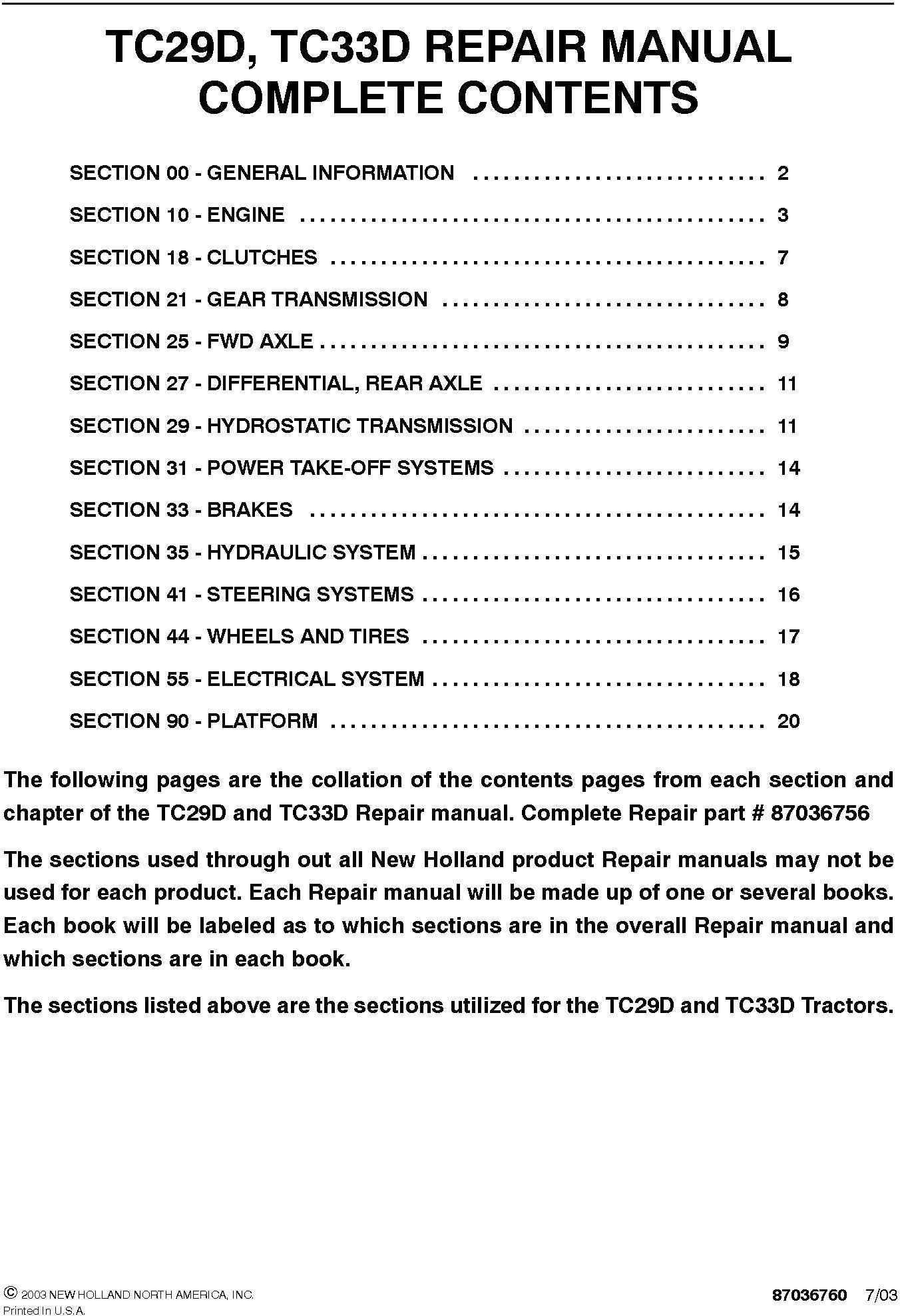 New Holland TC29D, TC33D Service Repair Manual 87036756