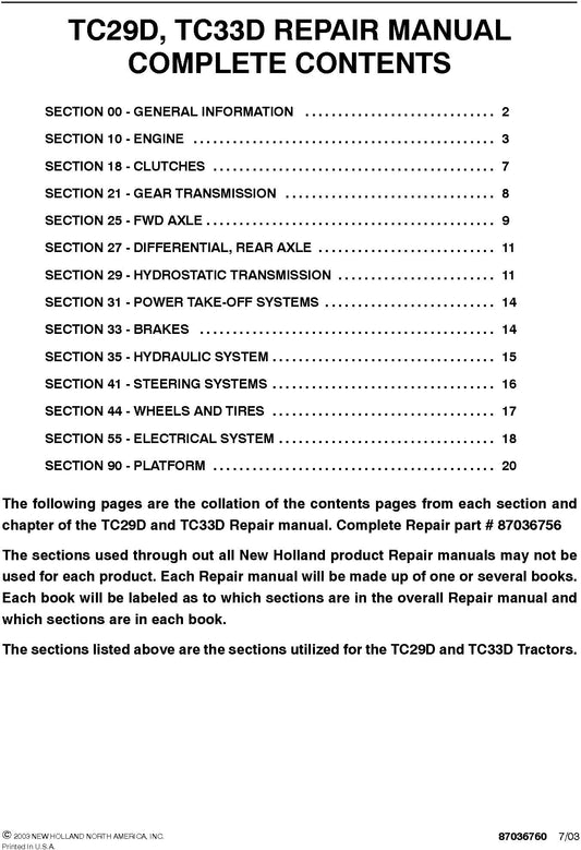 New Holland TC29D, TC33D Service Repair Manual 87036756