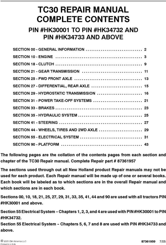 New Holland TC30 Service Repair Manual 87361957