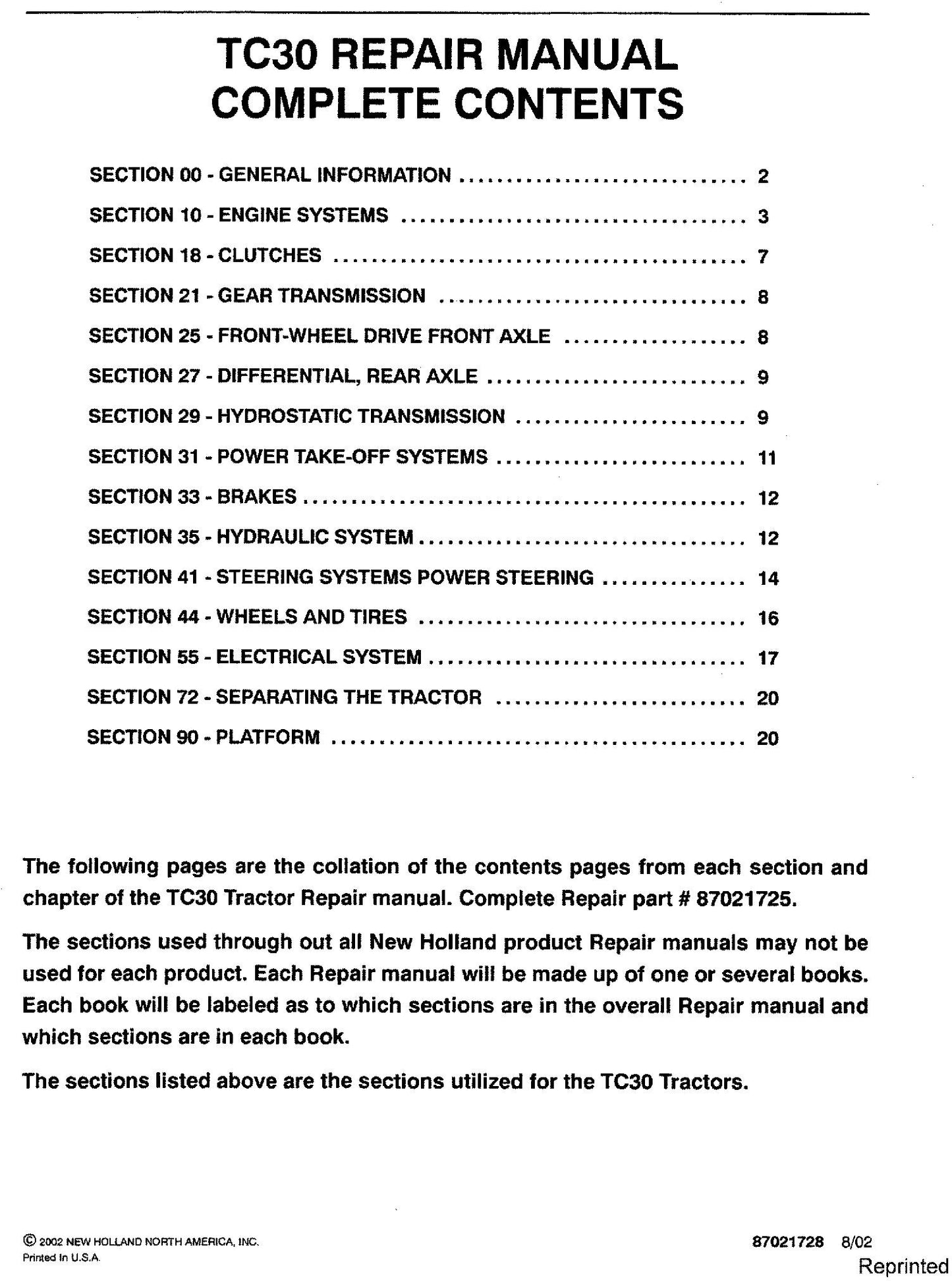 New Holland TC30 Tractor Service Repair Manual 87021725
